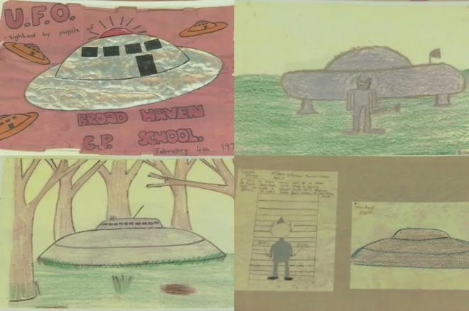 1977년 영국 웨일스의 브로드 헤이븐 초등학교 어린이들이 그린 비행접시 그림들. 교장 선생님은 아이들에게 따로따로 집에서 그려오라고  했는데 모두들 비슷한 접시 모양을 그려 와 놀랐다고 했다.