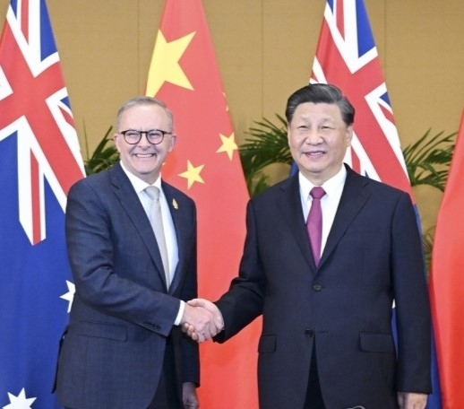 지난해 11월 인도네시아 발리에서 시진핑(오른쪽) 중국 국가주석과 앤서니 앨버니지 호주 총리가 만나 악수를 나누고 있다. 신화 연합뉴스