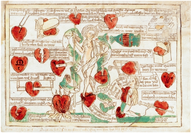 1485년경 제작된 판화. 비너스와 비슷한 형상의 프라우 미네가 열아홉 가지 방식으로 연인의 심장을 고문하는 모습을 표현했다. 중세 시대에는 심장을 ‘몸의 대변인’으로 여겼다는 사실을 엿볼 수 있다. 시공아트 제공
