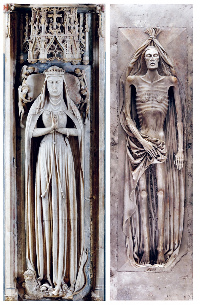 중세 여성으로는 드물게 영국 가터 기사단의 일원이 됐던 앨리스 초서의 무덤 조형물. 화려한 석관 겉면 부조(왼쪽)와 달리 내부(오른쪽)는 부패해 가는 시신을 묘사했다. 시공아트 제공
