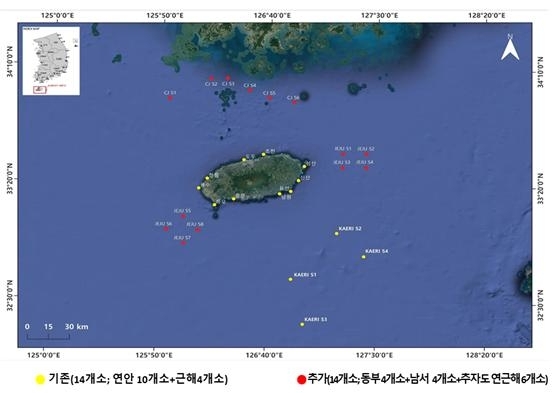 제주도 해양수산연구원은 이달부터 더욱 촘촘한 방사능 안전관리를 위해 제주 연근 해역 조사정점을 14개에서 28개로 확대한다. 사진은 확대된 제주 연근해 해양방사성 물질 조사 정점도. 제주도 해양수산연구원 제공