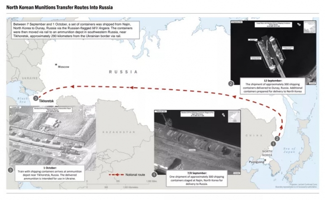 북한 무기를 실은 컨테이너 1000개가 러시아 동부로 옮겨지는 과정을 미국 백악관 국가안보회의(NSC)가 공개한 세 장의 사진과 함께 그래픽으로 만들었다. 뉴스위크 홈페이지 캡처
