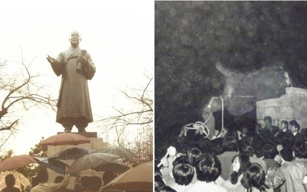 인하대 교내에 설치됐던 이승만 전 대통령 동상(왼쪽)의 모습과 1984년 철거 장면. 인하대 제공/연합뉴스