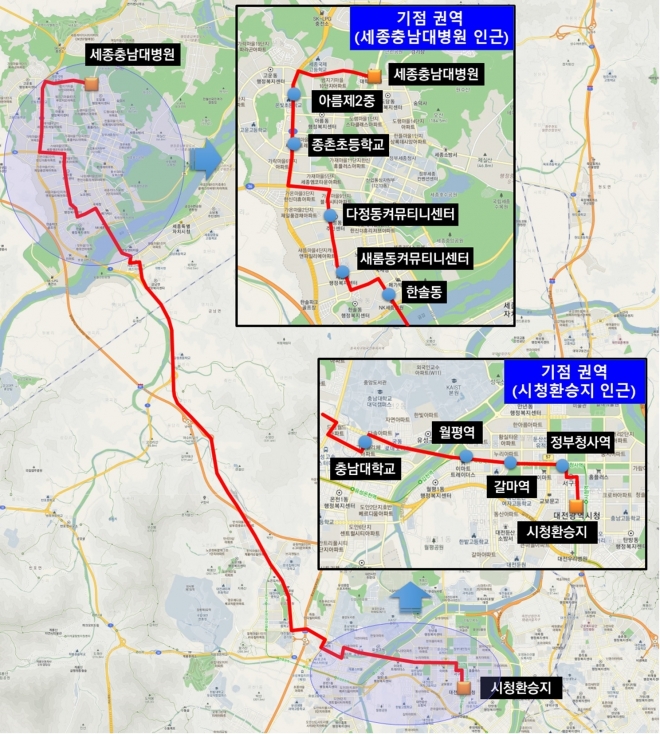 세종~대전 M버스 노선 운행도. (자료=국토교통부 제공)