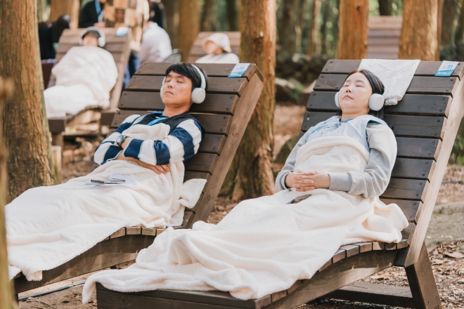 지난 14일 서귀포치유의숲에서 열린 ‘스트레스 제로킹 in 제주’의 모습. 제주관광공사 제공