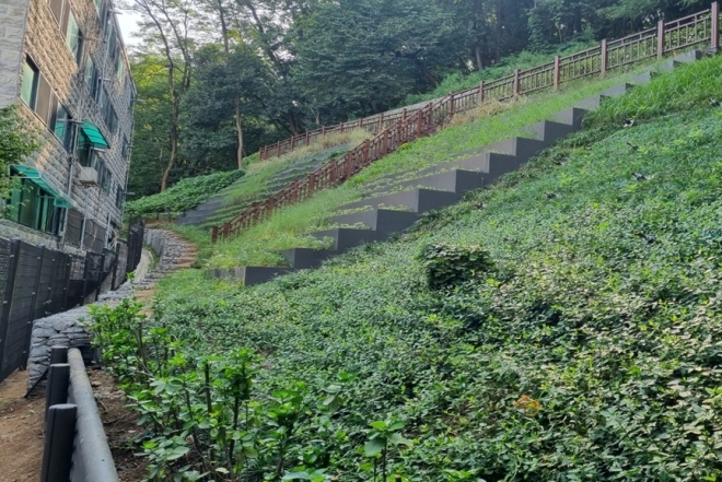 산림재해 예방공사를 완료한 서울 금천구 시흥4동 초원스카이빌 옆 사면. 2023.10.16 금천구 제공