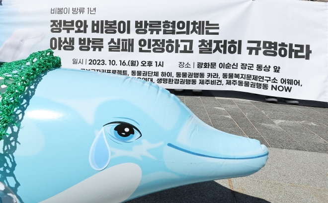 동물자유연대 등 동물단체들이 16일 오후 서울 종로구 광화문광장 이순신 장군 동상 앞에서 정부와 방류협의체의 남방큰돌고래 ‘비봉이’ 해양 방류 실패에 대한 인정과 규명을 촉구하는 퍼포먼스를 펼치고 있다. 2023.10.16 뉴스1