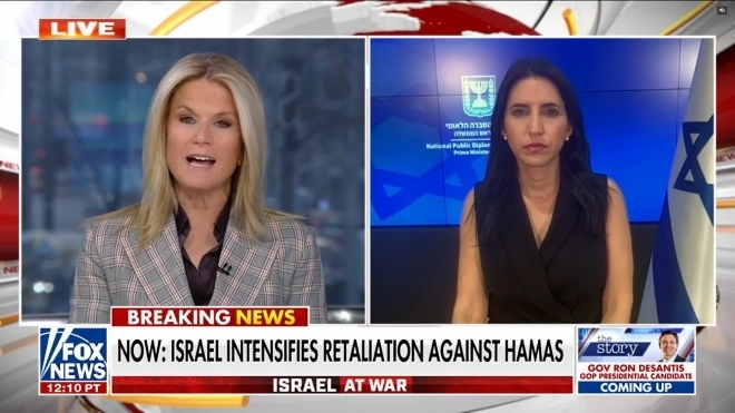 미국 폭스뉴스에 출연한 이스라엘 총리실 대변인 탈 하인리히(오른쪽).  그녀도 참수된 아기들 시신을 봤다는 군인들의 보고가 있었다고 밝혔다. 방송 화면 캡처
