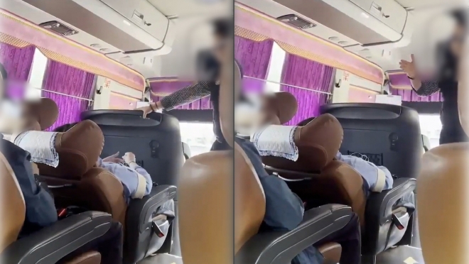 16일 소셜네트워크서비스(SNS)에 공개된 ‘고속버스 민폐녀’ 영상 속 좌석 등받이를 한껏 뒤로 젖힌 A씨의 모습. (사진=유튜브 영상 캡처)