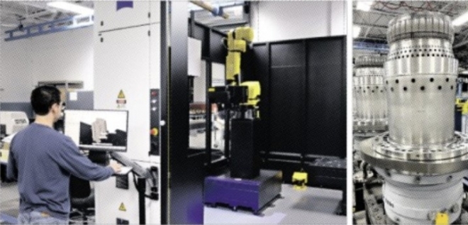 미국 플로리다주 주피터시에 있는 PSM 공장에서 한 직원이 CMM룸 내부 레이저 스캐닝 장비를 조작하고 있다. 가스터빈을 만든 원제조사와의 지식재산권 갈등을 피하기 위해 원제조사 도면을 이용하지 않고 로봇에 달린 영상 장치로 역설계하는 과정이다. 오른쪽은 PSM의 ‘플레임시트’ 제품 모습. 한화파워시스템 제공