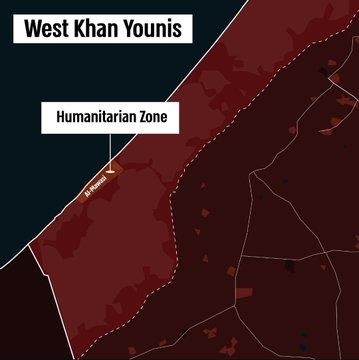 이스라엘군이 가자지구 내 ‘인도주의 구역’으로 설정한 지역의 위치도. 이스라엘 국방부 산하 민간협조관(COGAT) 엑스(X) 계정 캡처