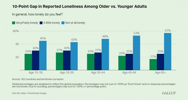 65세 이상 노인층에서는 외로움을 느끼는 비율이 17%로 가장 낮은 반면, 19~29세 젊은 층에서 외로움을 느끼는 비율이 27%로 가장 높았다. 갤럽 홈페이지 캡처