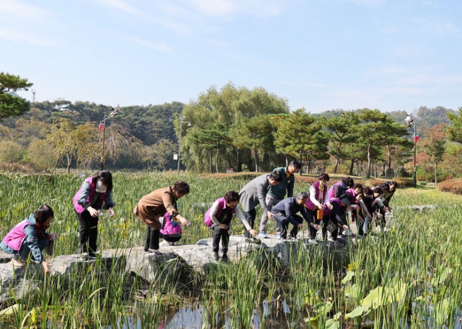 지난 24일 경북 영양군 공무원 등이 영양읍 삼지수변공원에서 애반딧불이 유충을 방사하고 있다. 영양군 제공