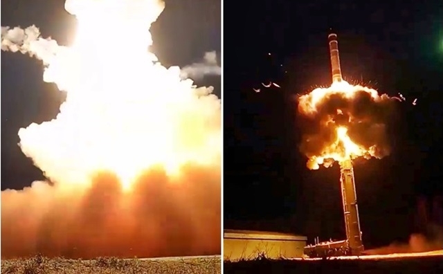 25일(현지시간) 러시아 아르칸젤스크주 플레세츠크 우주기지에서 캄차카반도의 쿠라 미사일 시험장 목표물을 향해 ‘야르스’ 대륙간탄도미사일(ICBM)이 발사되고 있다. 이날 러시아 국방부와 크렘린궁은 적의 대규모 핵 공격에 대응하는 핵 억지 훈련을 시행했다고 밝혔다. 2023.10.25 러시아 국방부