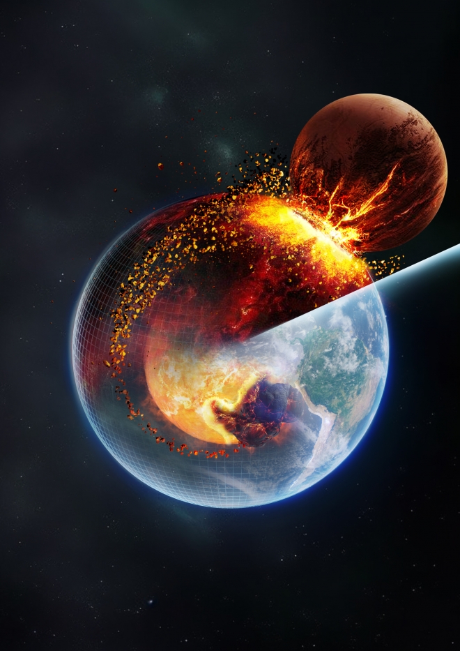 원시행성 ‘테이아’가 원시 지구와 충돌하면서 달을 만드는 순간을 그린 가상도. 중국 항저우 스피어스튜디오 제공