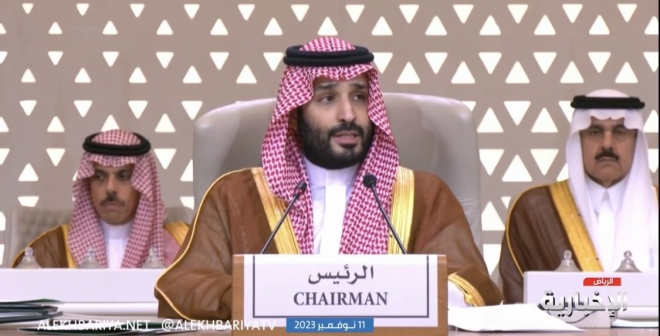 무함마드 빈 살만 사우디아라비아 왕세자는 11일(현지시간) 사우디 수도 리야드에서 열린 이슬람권 최대 국제기구인 이슬람협력기구(OIC) 특별정상회의 연설에서 “가자지구에서의 전쟁에 반대한다”는 뜻을 분명히 했다. 2023.11.11. 사우디 가제트