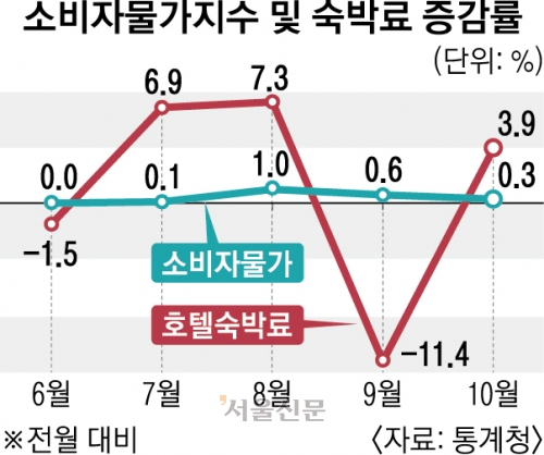 호텔숙박료 소비자물가 증감 추이