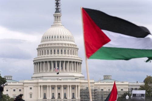 지난달 20일 미국 워싱턴 D.C.에서 열린 팔레스타인 지지 집회 뒤쪽으로 미 의회가 보인다.  워싱턴DC AP 연합뉴스