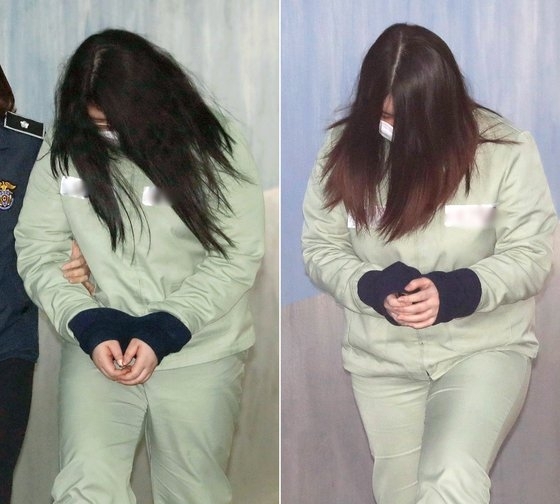 초등생 살해사건의 박모양(왼쪽)과 김모양이 2018년 4월 서울고법 항소심 선고 공판에 출석하고 있다.