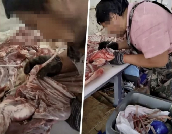 생 양고기 뼈를 입으로 발라내는 작업자. 중국판 틱톡 ‘더우인’ 캡처