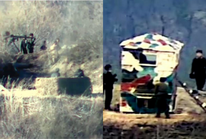 북한군이 지난 24일 비무장지대(DMZ) 내 동부전선 최전방 군사초소(GP)에 무반동 기관총과 고사총 등 중화기를 반입하고 있다(왼쪽 사진). 오른쪽 사진은 북한군이 목재로 구조물을 만들고 얼룩무늬로 도색하고 있는 모습. 국방부 제공