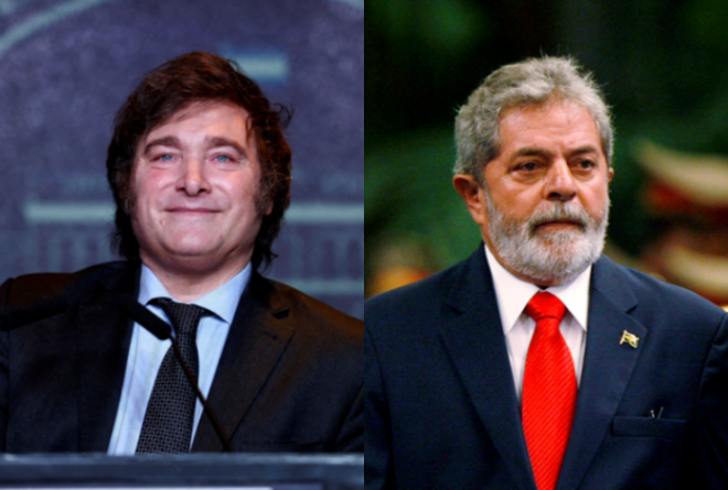 하비에르 밀레이(왼쪽) 아르헨티나 대통령 당선인, 루이스 이나시우 룰라 다시우바(오른쪽) 브라질 대통령. 로이터 연합뉴스
