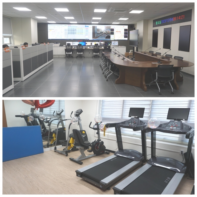 용산소방서에 영상(CCTV)관제 시스템이 구축된 119상황실과 여성소방관 전용 체력단련실 전경