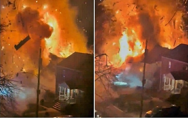 미국 버지니아주 알링턴카운티의 한국계 제임스 유가 소유한 이층 주택에서 4일(현지시간) 원인 모를 폭발이 일어나 화염이 치솟고 있다. 엑스 캡처