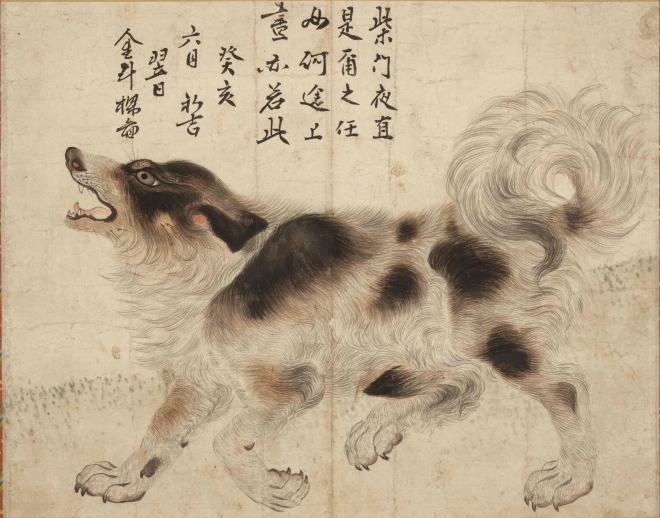 삽살개(尨狗圖), 김두량(金斗樑·1696-1763)  그림, 1743년, 글·글씨 영조, 1743년, 종이에 엷은 색, 35.0×45.0cm, 개인 소장, 부산광역시 유형문화재