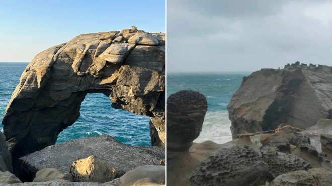 대만 코끼리코 바위(왼쪽)가 지난 16일 부러져서 예전의 모습을 찾아볼 수 없게 됐다.