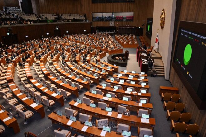 28일 국회 본회의에서 ‘대장동 50억 클럽’ 특검법이 통과되고 있다. 국민의힘은 표결 전 퇴장했다. 2023.12.28 안주영기자