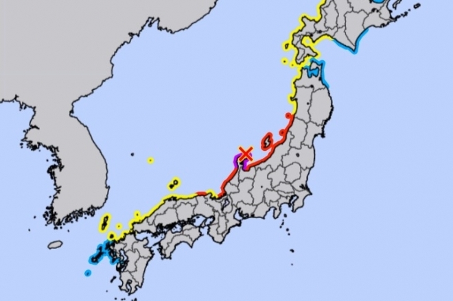 일본 기상청이 1일 지진 발생 후 독도에 ‘쓰나미 주의보’ 표시를 해놓은 ‘쓰나미 경보·주의보’ 지도.    일본 기상청 캡처
