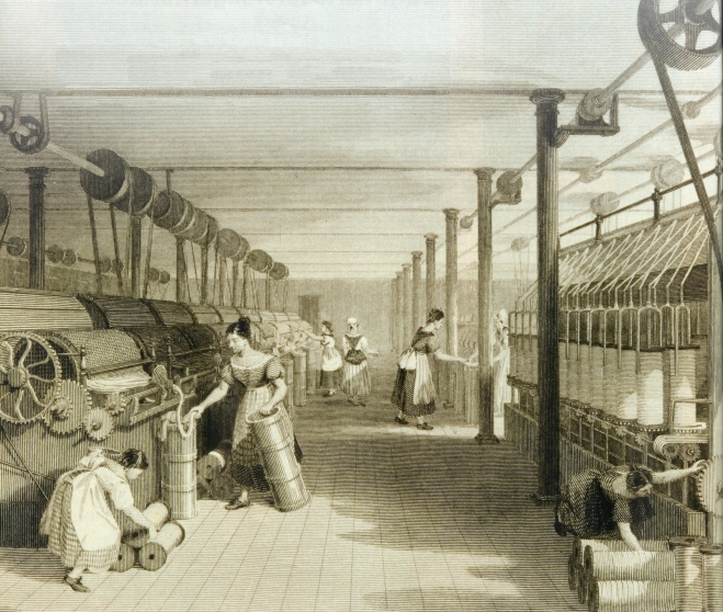1830년대 영국의 면직물 방적공장을 묘사한 그림. 여성 직조공들이 손으로 작업했던 면직물 생산은 제임스 와트가 발명한 증기기관과 방적기를 결합한 기술 혁신으로 당시 최대의 성장 산업이 됐다. 뉴 래나크 트러스트 제공