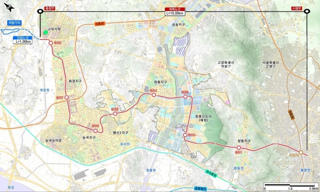 고양은평녹선도 예상 노선도.  고양은평선 광역철도 기본계획 전략환경영향평가서(초안)에서 인용한 것으로 추후 기본설계 및 실시설계  과정에서 변동될 수 있다.