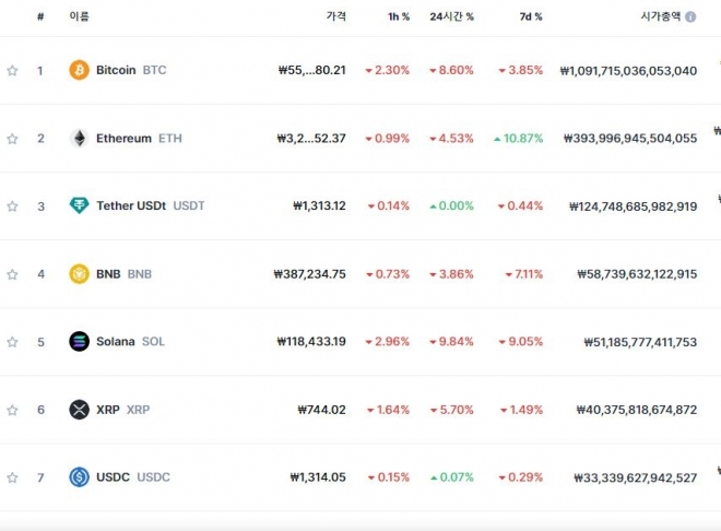 13일 오전 8시 현재 주요 암호화폐 시황. 코인마켓캡 캡처