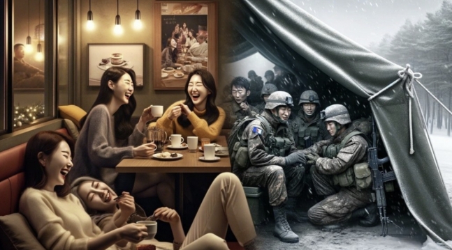 인공지능(AI)이 표현한 ‘한국 20대 남녀의 모습’에서 남성은 군인, 여성은 카페에서 수다를 떠는 모습이 그려져 논란이다. 온라인 커뮤니티 캡처