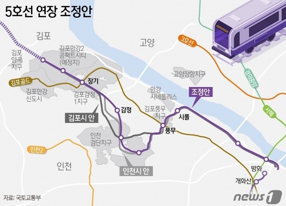 국토교통부 대도시권광역교통위원회가 제시한 서울 5호선 김포검단 연장사업 조정안. 뉴스1