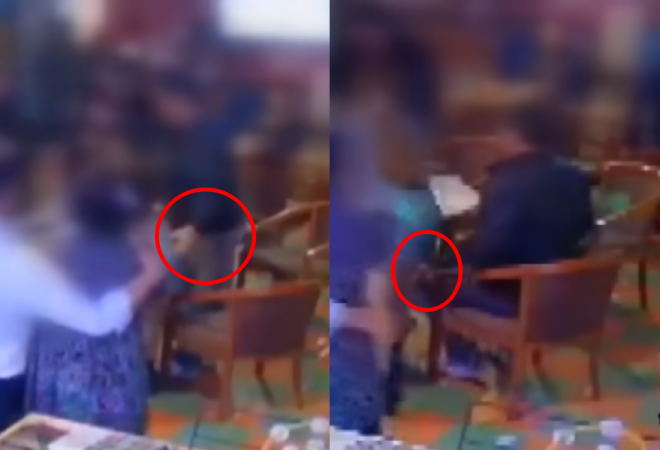 술집을 방문한 남성이 여성 직원의 신체 부위를 만지고 치마 속에 손을 넣는 장면. JTBC ‘사건반장’ 캡처