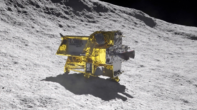 일본 우주항공연구개발기구(JAXA)가 지난 20일 세계에서 다섯 번째로 달 탐사선을 달에 착륙시키는 데 성공했다. 사진은 JAXA가 ‘슬림’(SLIM)의 달 표면 활동을 예상해 만든 이미지. EPA 연합뉴스