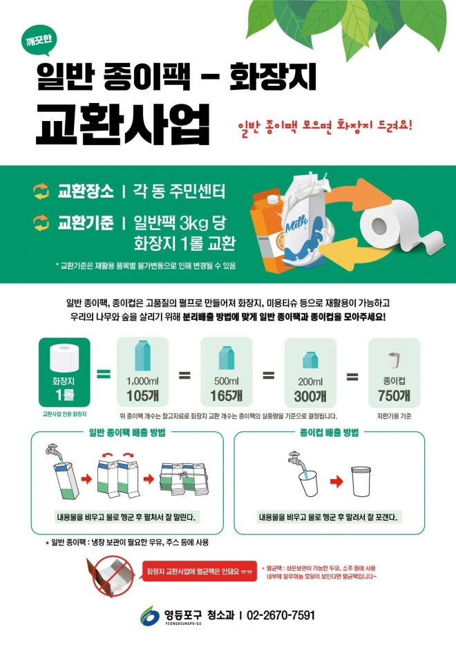 폐종이팩 교환 안내 표스터. 영등포구 제공