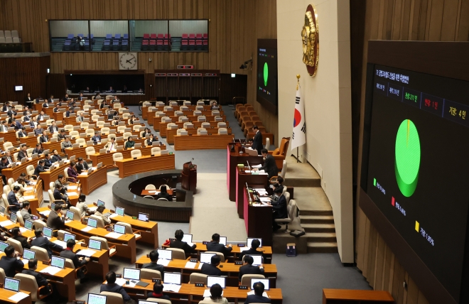 25일 국회에서 열린 본회의에서 달빛고속철도 건설을 위한 특별법안이 가결되고 있다. 2024.1.25 연합뉴스