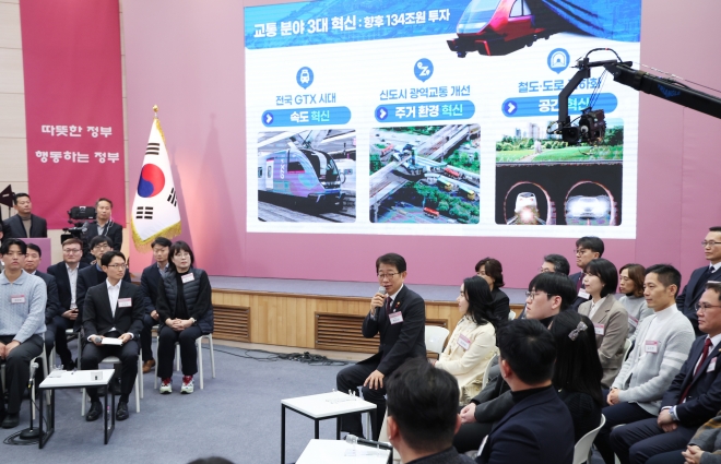 박상우 국토교통부 장관이 25일 경기도 의정부시청 대강당에서 열린 ‘국민과 함께하는 민생토론회 - 여섯 번째, 출퇴근 30분 시대, 교통격차 해소’에서  윤석열 대통령과 참석자들에게 발표하고 있다. 2024.1.25 대통령실통신사진기자단