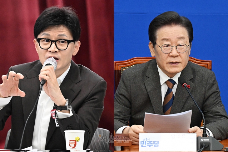 한동훈(왼쪽) 국민의힘 비상대책위원장과 이재명 더불어민주당 대표.  오장환·홍윤기 기자