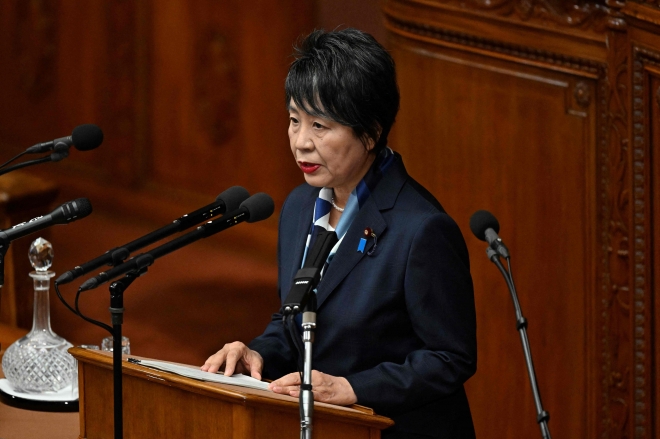 가미카와 요코 일본 외무상이 30일 도쿄 중의원(하원)에서 외교 연설을 하고 있다. 2024.1.30 AFP 연합뉴스