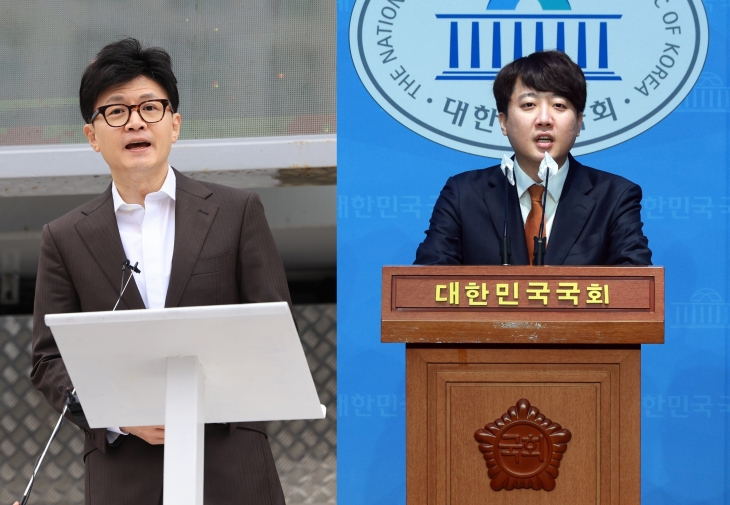 한동훈(왼쪽) 국민의힘 비상대책위원장과 이준석(오른쪽) 개혁신당 대표. 연합뉴스