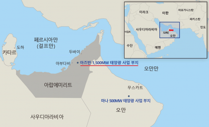 아랍에미리트(UAE) 아즈반 1500㎿(메가와트) 태양광발전 사업 예정 부지 위치. 한국서부발전 제공