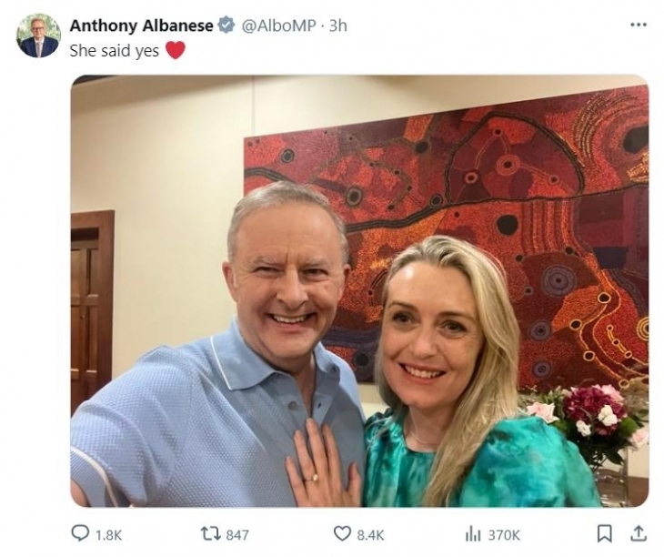 15일 자신의 엑스(X)를 통해 약혼 사실을 밝힌 앤서니 앨버니지(왼쪽) 호주 총리와 그의 연인 조디 헤이든. 앤서니 앨버니지 엑스 캡처