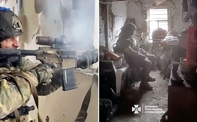 16일(현지시간) 우크라이나 국경수비대가 공개한 동영상에서 우크라이나 군인들이 파괴된 아우디이우카 건물에서 적진을 향해 기관총을 발사하고 있다. 2024.2.16 로이터 연합뉴스