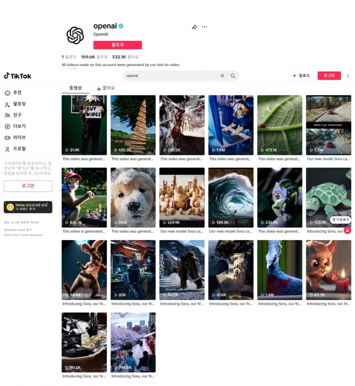 챗GPT 개발사 오픈AI가 텍스트를 영상으로 만들어주는 AI 시스템 ‘소라’(Sora)를 소개한 틱톡 계정.