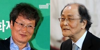 배우 문성근(왼쪽)과 작가 조정래. 연합뉴스